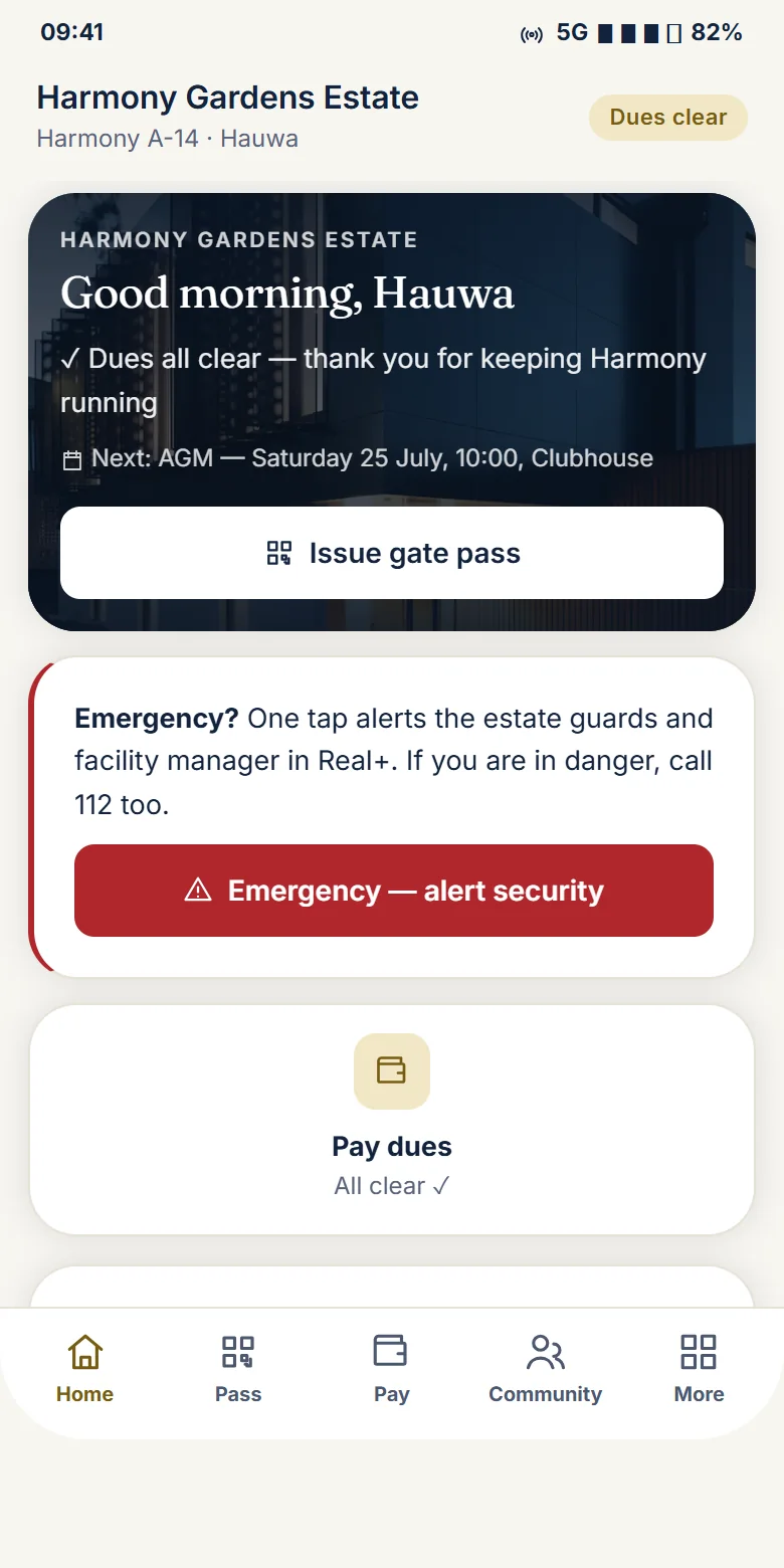 The Real+ resident app home: dues status, a one-tap gate pass and an emergency alert to estate security